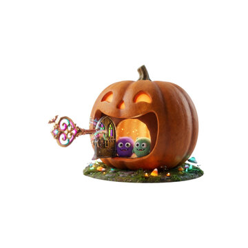 3D Magic Key Unlocking a Tiny Monster Door Inside a Pumpkin, cute surreal concept, on white background