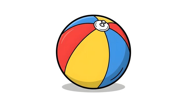 Brightly colored classic inflatable beach ball with red, yellow, and blue panels. Hand-drawn summer vacation vector illustration isolated on white.