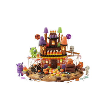3D Tiny Monsters Building a Haunted Castle From Halloween Candy, cute miniature diorama, crisp vivid colors, on white background