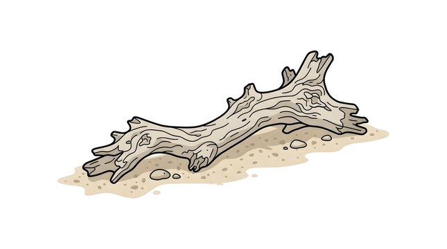 Hand-drawn vector illustration of a weathered piece of driftwood resting on beach sand with small pebbles. Isolated on white background.