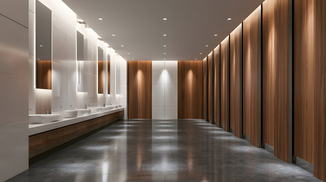 A 3D visualization of a modern commercial bathroom featuring vessel sink fixtures and wooden vanity units