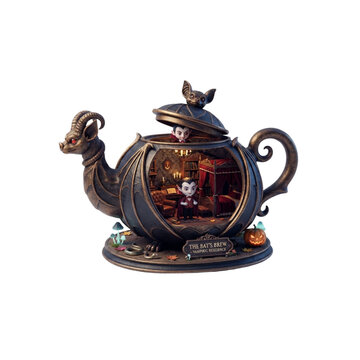 3D Vampire Living Inside a Giant Bat-Shaped Teapot, surreal miniature concept, polished 3D render, on white background