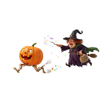3D Pumpkin With Tiny Mechanical Legs Running Away From a Witch, playful surreal concept, crisp vivid colors, on white background