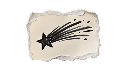 Hand drawn black star shooting across torn paper, isolated on transparent background © Florin