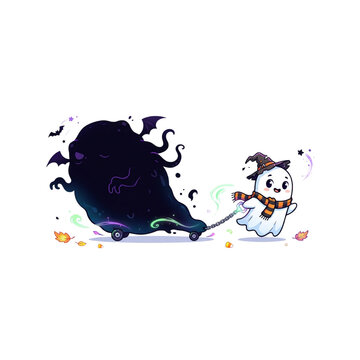 Tiny Ghost Pulling a Giant Shadow Like a Suitcase, Halloween cartoon, sharp clean line art, crisp vivid colors, on white background