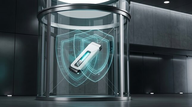 Usb flash drive inside a glass cylinder with glowing green digital security shields representing data protection and cyber safety