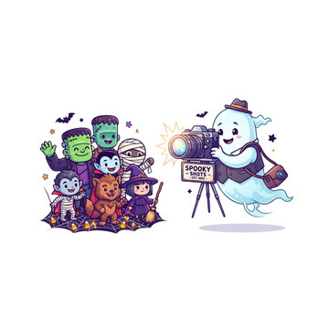 Ghost Photographer Taking Pictures of Monsters, Halloween cartoon, sharp clean line art, crisp vivid colors, on white background