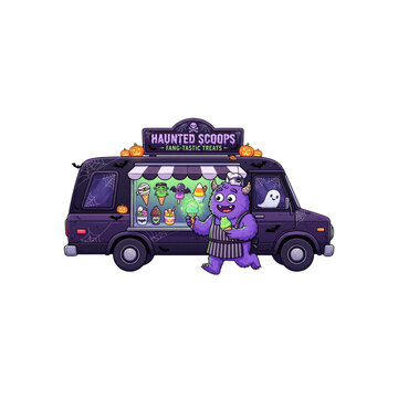 Monster Running a Haunted Ice Cream Truck, Halloween cartoon, sharp clean line art, crisp vivid colors, on white background