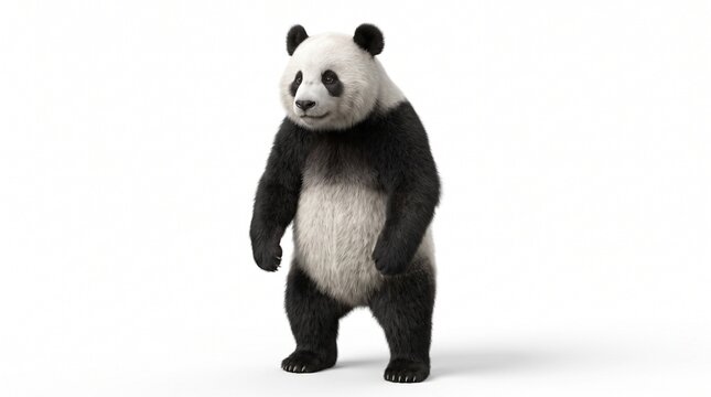 Giant panda standing upright on hind legs in white studio background for wildlife conservation