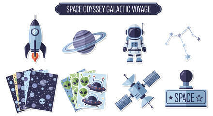 A collection of spacethemed graphic icons including a rocket planet astronaut constellation satellite UFOs and a stamped label © Faisal