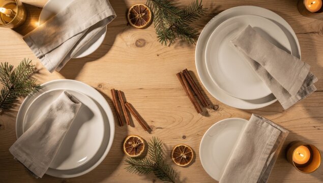Rustic christmas table setting with white plates and dried oranges on light wood background.