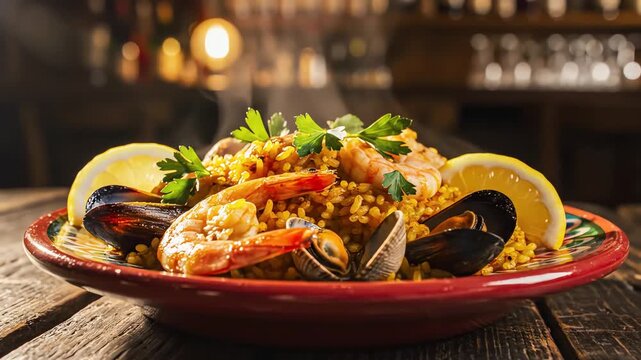 Delicious seafood rice dish with shrimp and mussels served in a red b&hellip;
