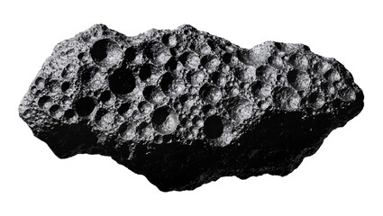 Porous dark gray asteroid with numerous craters, isolated on transparent background © Florin
