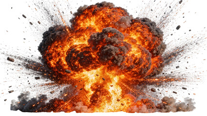 Massive fiery explosion with debris flying outwards, isolated on transparent background © Florin