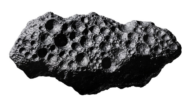Porous dark gray asteroid with numerous craters, isolated on transparent background