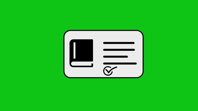 Animated book icon with checklist being filled on digital card against green screen background.