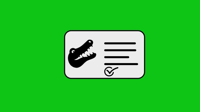 Animated identity card with crocodile illustration appearing on green screen background.