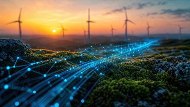 Wind turbines on green hills with digital data network streams at sunset, capturing sustainable energy transition and smart grid technology for renewable energy marketing and ESG reporting.