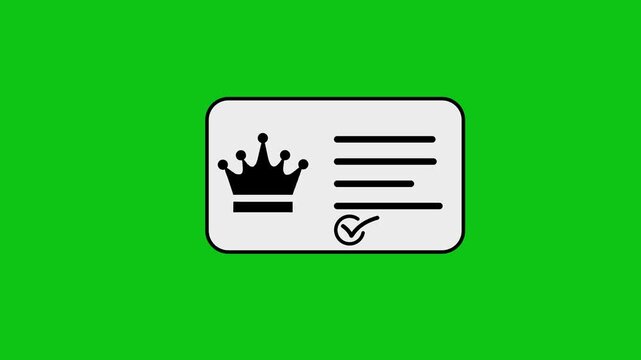 Animated graphic of membership card icon with crown symbol popping up on green screen background.