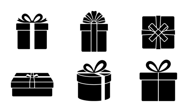 Set of 6 Black Gift Boxes with Ribbons, Vector Icons for Celebration and Presents, Simple Holiday Packaging Graphics
