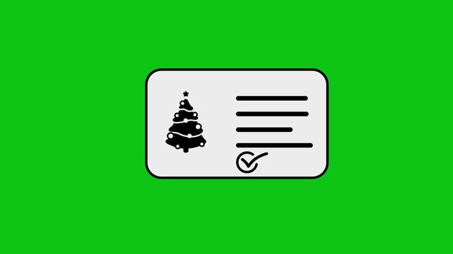 Animated christmas tree icon appearing on white card with checklist lines and check mark on green screen background.