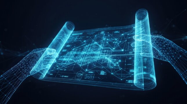 Glowing wireframe hands unrolling a digital blueprint scroll, capturing future technology innovation and digital engineering concept for construction software and architectural planning.