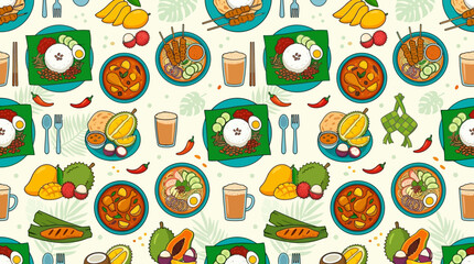 Fototapeta premium Flat vector Malaysian food seamless pattern, nasi lemak, satay, curry, tropical fruits and Southeast Asian food icons, clean minimal flat design style, vibrant colorful palette, balanced repeating com