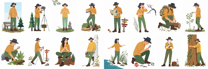 Obraz premium Set of flat illustrations featuring people in outdoor gear engaged in activities like hiking, photography, and nature exploration in forest environments.
