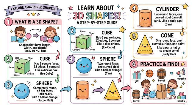 Cute Educational Infographic Poster for Kids Learning 3D Shapes Geometry Guide