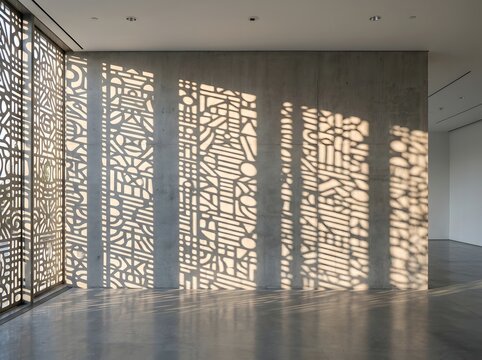 Abstract patterned shadow cast on concrete wall in modern minimalist interior architecture