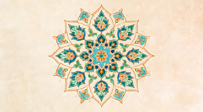 The intricate floral mandala pattern ornament decorates the soft beige wall space. A detailed arabesque design features blue, green, and orange flowers and leaves. Copy space is available.