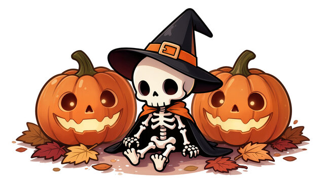 Cute cartoon skeleton wearing witch hat and cape sitting between jack-o -lanterns, isolated on transparent background