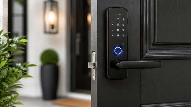 Smart electronic door lock with keypad and fingerprint scanner on modern home entrance