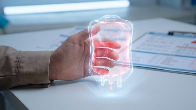 Blood supply management innovation platform, hand holding holographic IV blood bag in clinical setting with medical documents, transfusion logistics, biotech research and healthcare supply chain