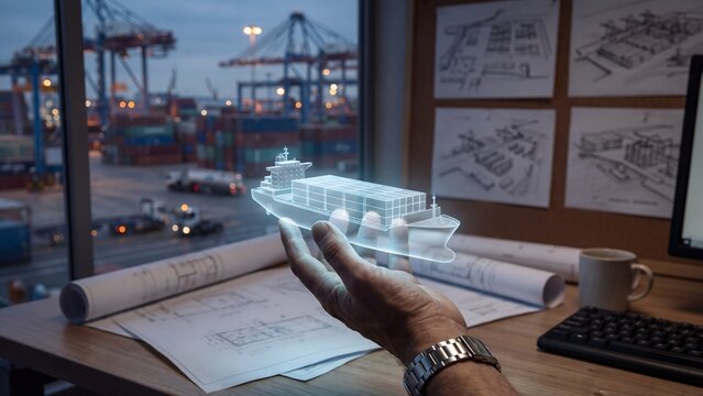 Maritime shipping logistics platform, engineer hand holding holographic cargo vessel model at port office with blueprints and container terminal view, freight management and supply chain planning