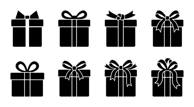 Set of 8 Black Gift Boxes with Ribbons, Vector Icons for Celebration and Presents, Simple Graphic Elements for Holiday and Birthday Designs