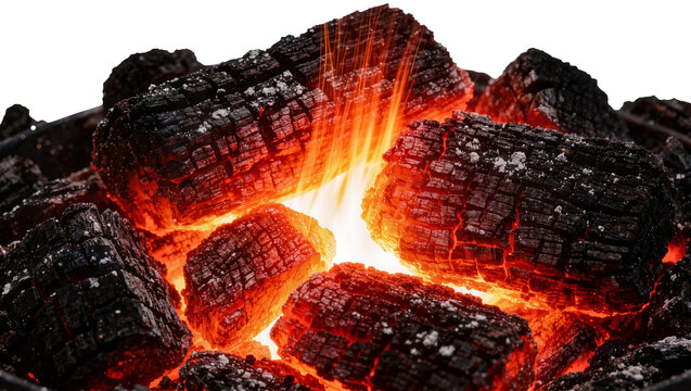 Glowing hot charcoal embers with bright orange flames, isolated on transparent background
