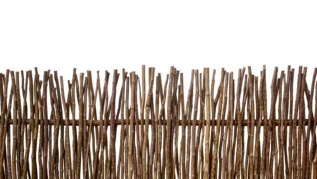 Rustic twig fence made of natural branches, isolated on transparent background