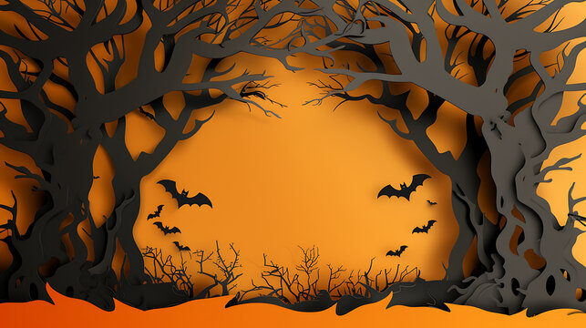 3D Layered Papercut Spooky Halloween Tree Branch Frame with Vast Central Copy Space for October E-commerce Sale Poster