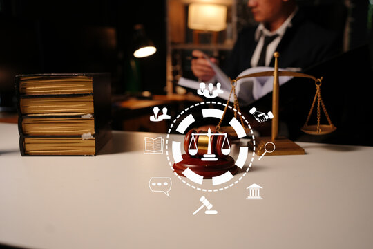 Lawyer working late in office documents with legal icon 