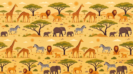 Fototapeta premium Flat vector safari animals seamless pattern, lions, giraffes, zebras, elephants and acacia trees, warm savanna aesthetic, clean minimal flat design style, golden sun-drenched palette, balanced repeati