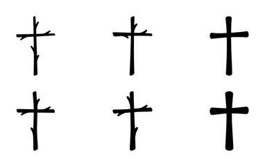 Fototapeta premium Rustic Cross Icons, Hand-Drawn Christian Symbols, Natural Wood Branch Crosses, Spiritual and Religious Vector Graphics