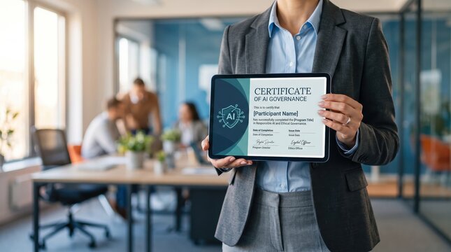 Professional woman in grey suit holding tablet displaying Certificate of AI Governance in modern open plan office, artificial intelligence ethics compliance, corporate training