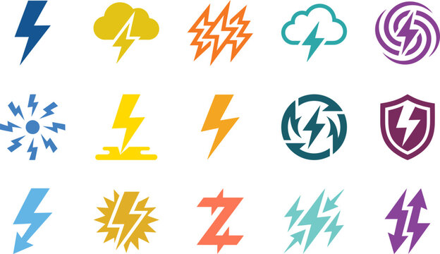 A comprehensive collection featuring an abstract thunder symbol vector illustration icon set designed for modern digital projects and creative graphic design applications
