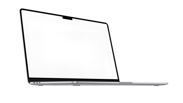 Modern silver laptop with blank screen, isolated on transparent background