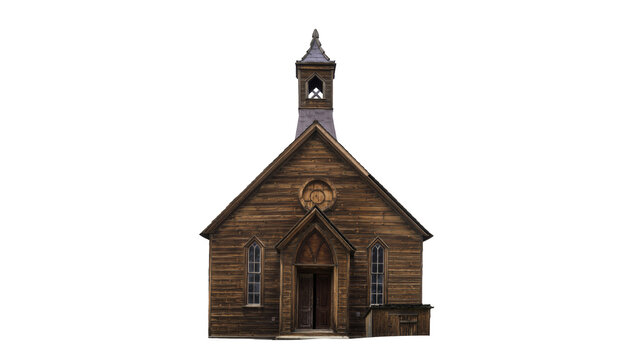 Old wooden country church with bell tower, isolated on transparent background