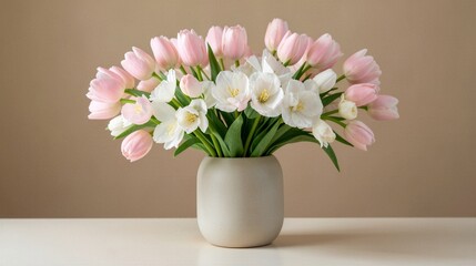 Fototapeta premium Photorealistic bouquet of pale pink tulips and white lisianthus displayed in a minimalist matte