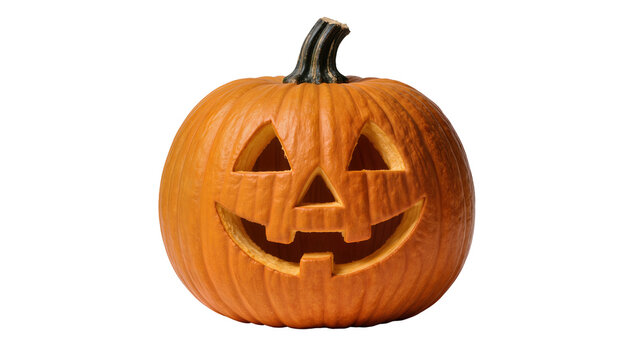 Carved orange pumpkin with smiling face, isolated on transparent background
