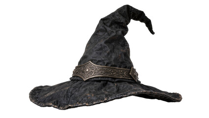 Black textured witch hat with ornate silver band, isolated on transparent background © Matteo
