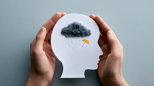 Heavy storm cloud inside paper head profile, emotional depression and therapy support concept, world mental health day